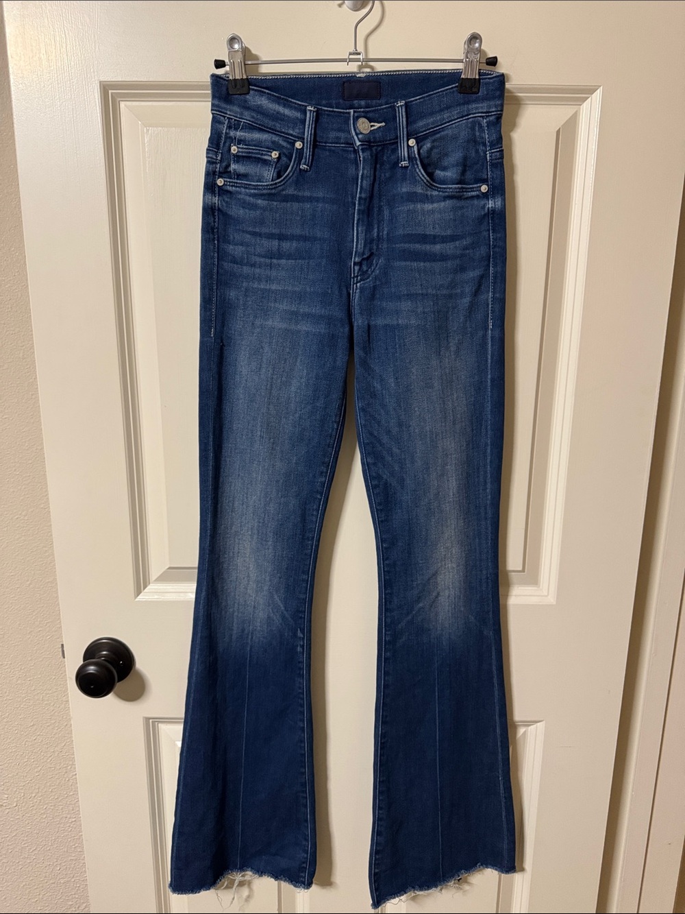 MOTHER The Weekender Fray Flare Jeans in 20,000 Leagues under the Sea Wash